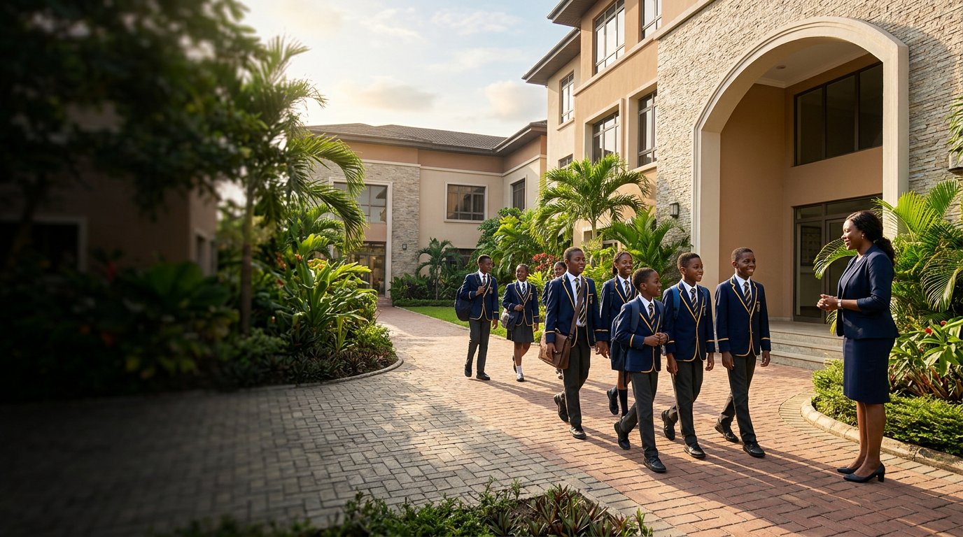 Students arriving at a welcoming school campus