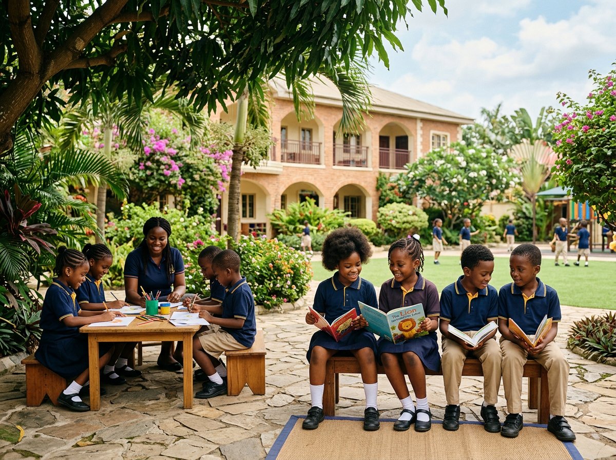 Primary pupils reading and creating together outdoors